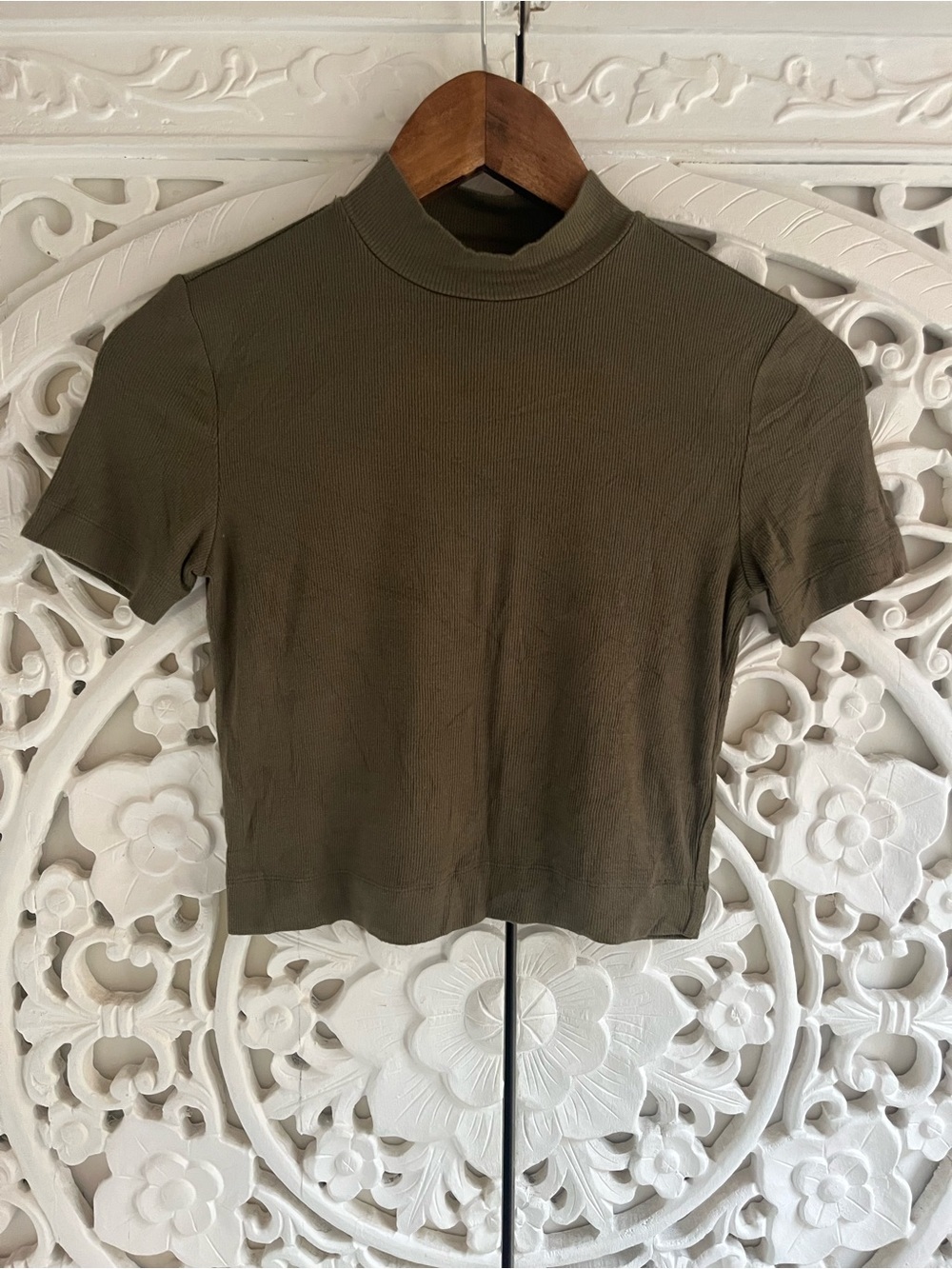 Babaton Aritzia Olive Ribbed Mock Neck Cropped Tee XS